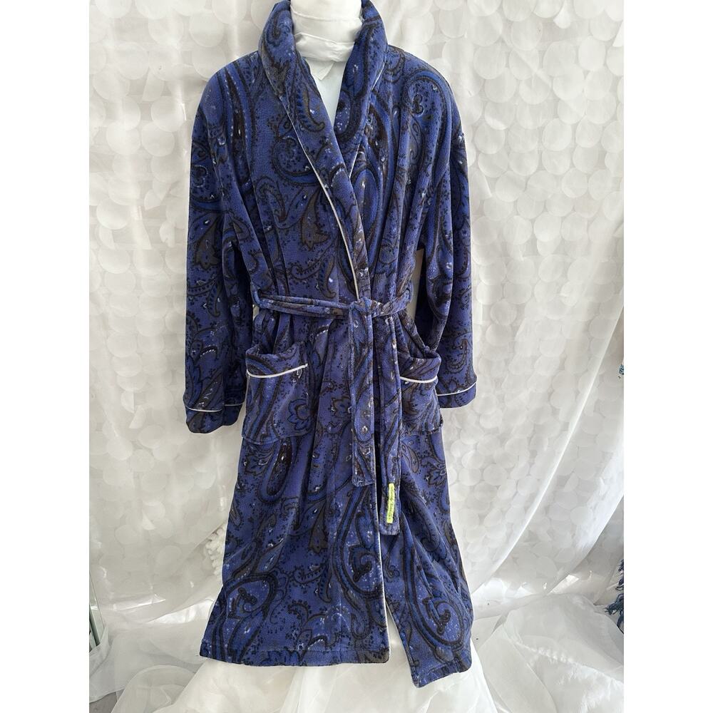 Robert Graham Robe Mens Small Medium Bathrobe Paisley Fleece Blue Fuzzy EUC